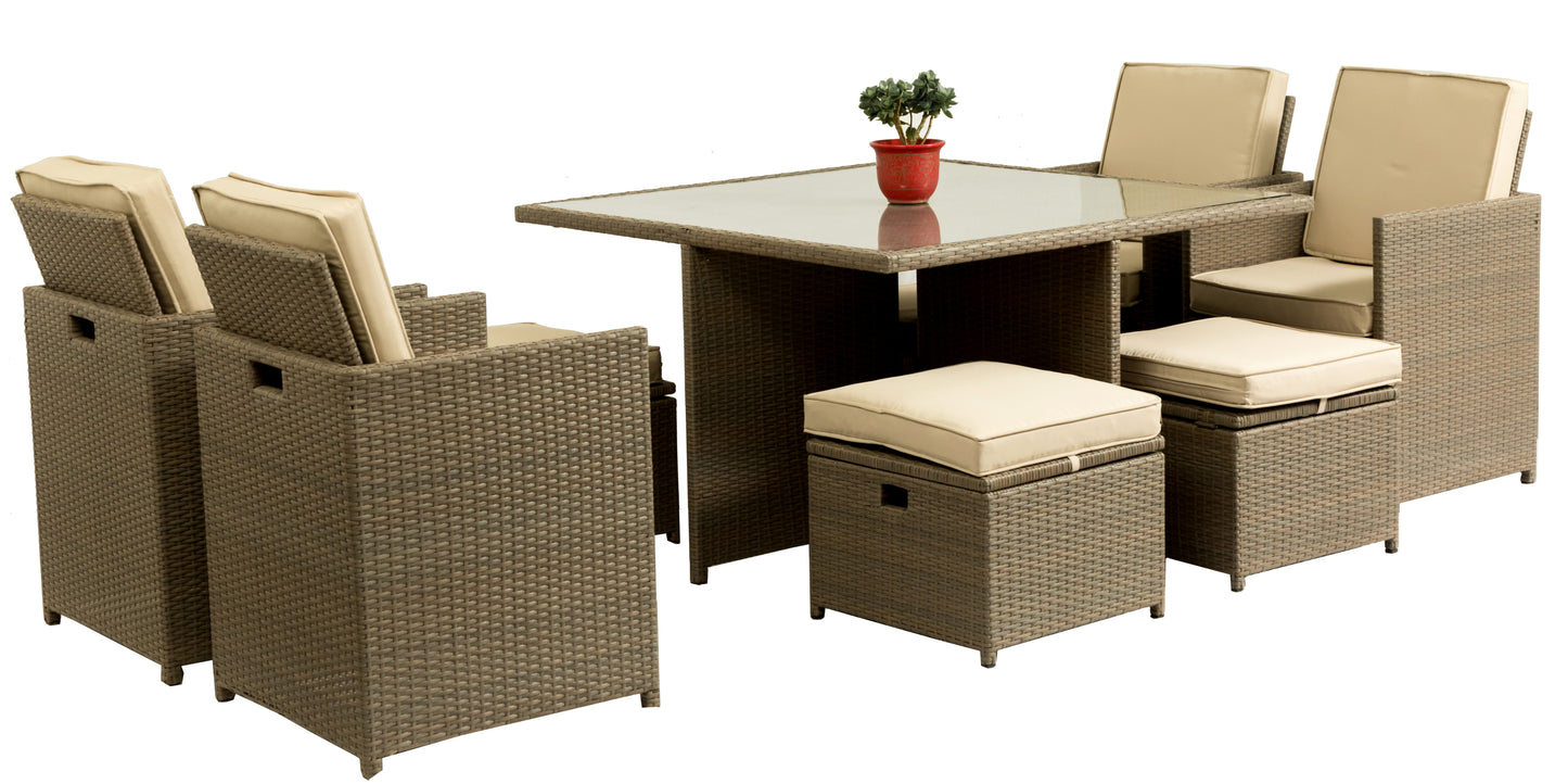 9 all-weather PE rattan terrace outdoor dining dialogue combination, with coffee table, chair, foot mat storage, detachable cushion (brown rattan, beige cushion)