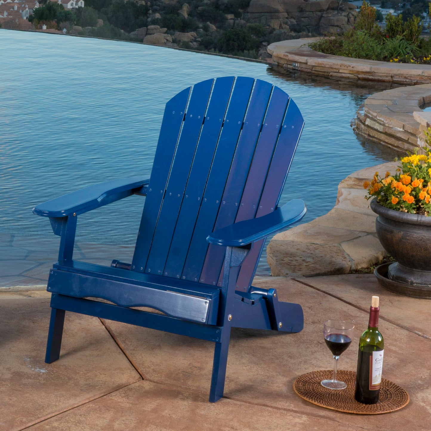 Katherine Outdoor Acacia Adirondack Blue Lounge Chair with Pull Out Footstool