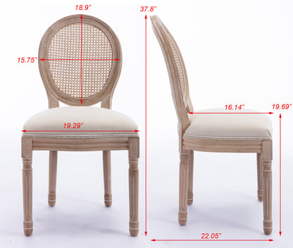 French Style Solid Wood Frame Antique Painting Linen Fabric Rattan Back Dining Chair,Set of 2,Cream