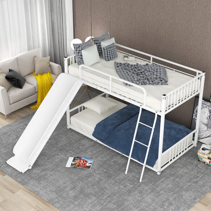 Metal Bunk Bed with Slide, Twin over Twin, White