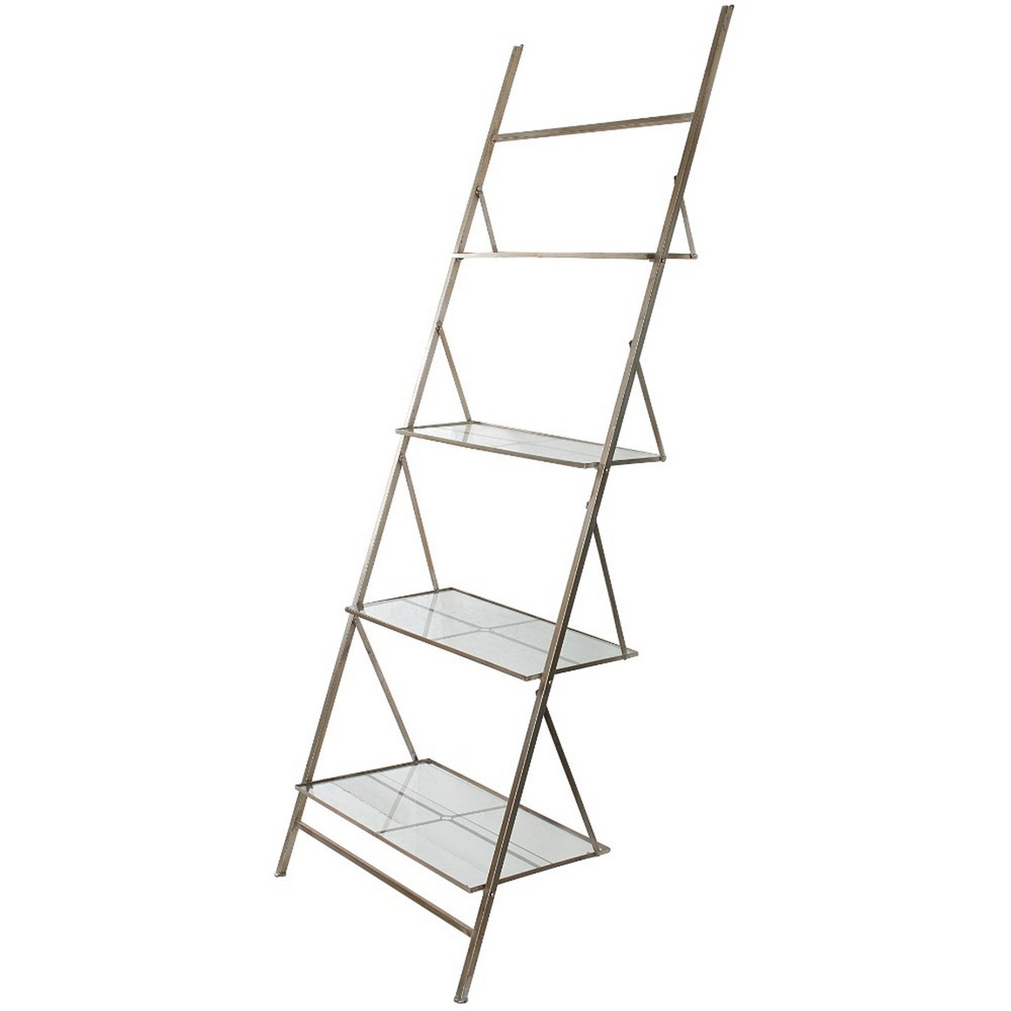 94 Inch 4 Tier Metal Frame Shelf, Ladder Style, Glass, Antique Silver