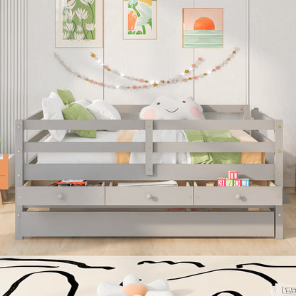 Low Loft Bed Full Size with Full Safety Fence, Climbing ladder, Storage Drawers and Trundle Gray Solid Wood Bed