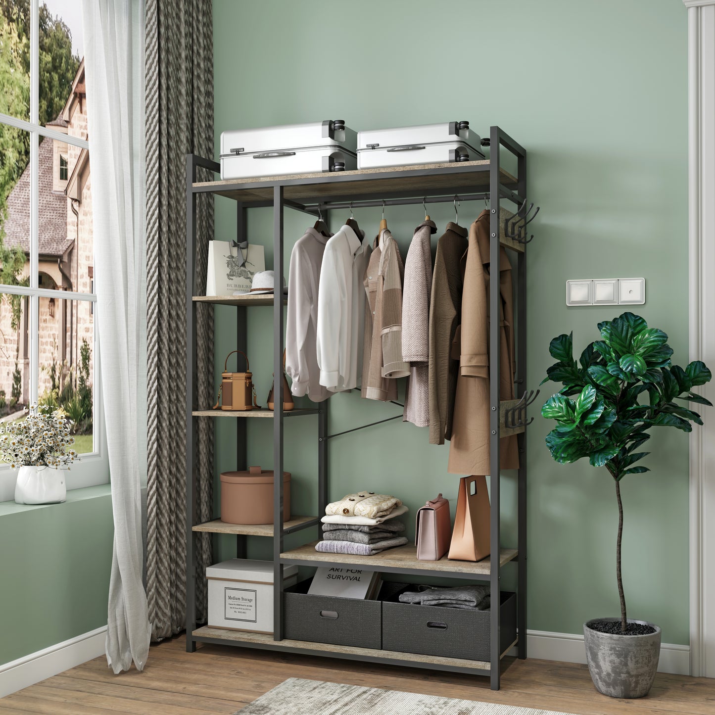 JHX Organized Garment Rack with Storage, Free-Standing Closet System with Open Shelves and Hanging Rod(Grey,43.7’’w x 15.75’’d x 70.08’’h).