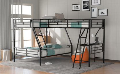 Twin over Full Bunk Bed with a Twin Size Loft Bed attached, with a Desk, Metal, Black