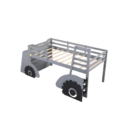 Twin Size Forklift Car-Shaped Loft Bed with Storage Shelves,Gray