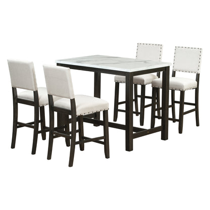 TOPMAX 5 Piece Rustic Wooden Counter Height Dining Table Set with 4 Upholstered Chairs for Small Places, Faux Marble Top+Black Body