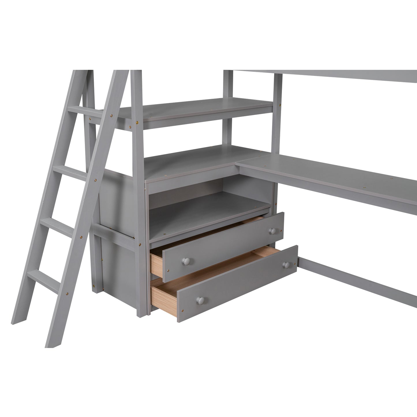 Twin Size Loft Bed with Desk and Shelves, Two Built-in Drawers, Gray(old SKU: GX000803AAE-1）