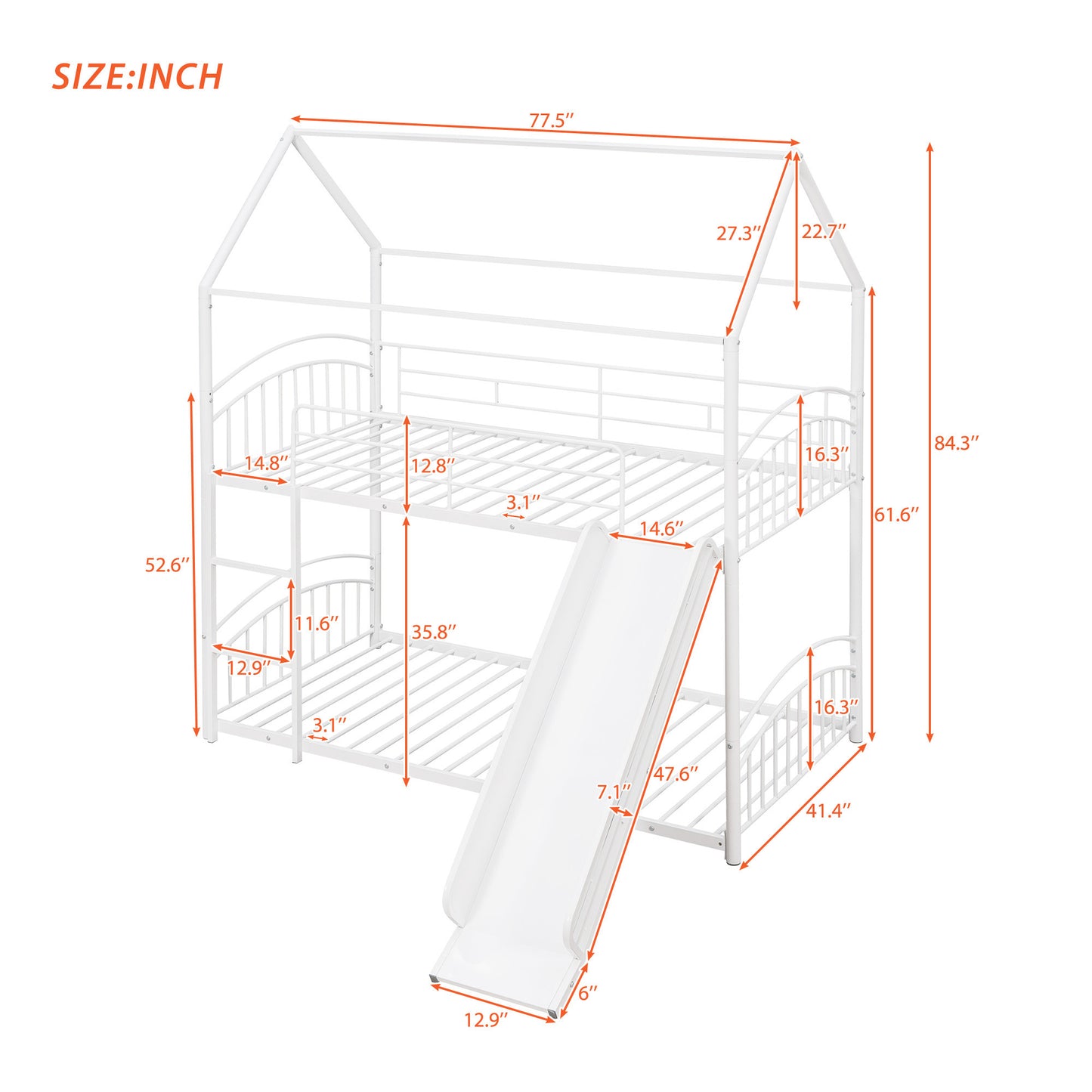 Twin Over Twin Metal Bunk Bed With Slide,Kids House Bed White