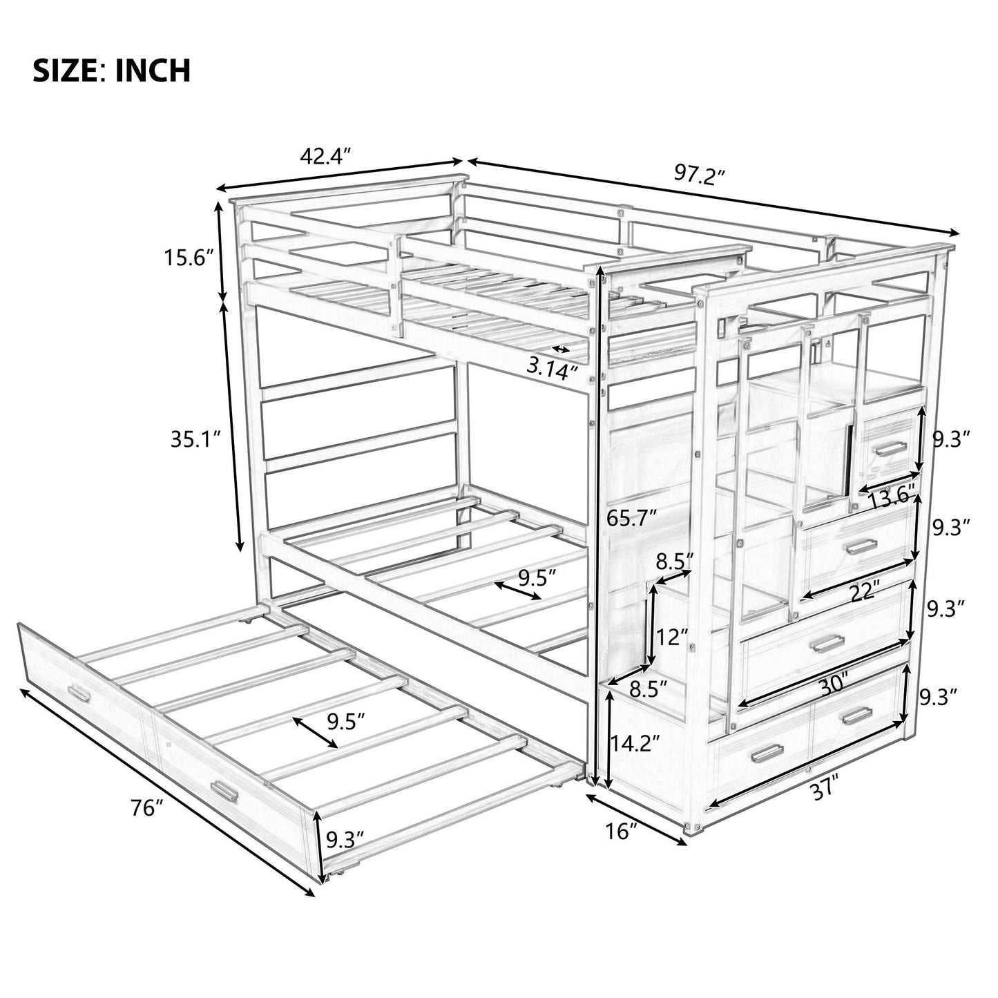 Solid Wood Bunk Bed, Hardwood Twin Over Twin Bunk Bed with Trundle and Staircase, Natural Gray Finish(Old SKU: LP000068AAE)