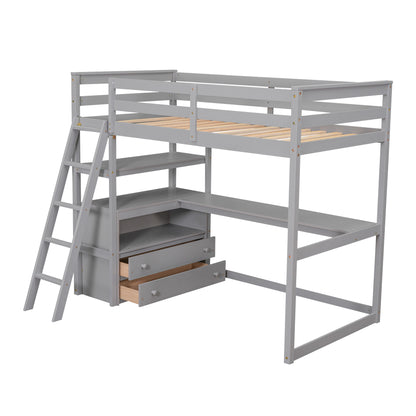 Twin Size Loft Bed with Desk and Shelves, Two Built-in Drawers, Gray(old SKU: GX000803AAE-1）