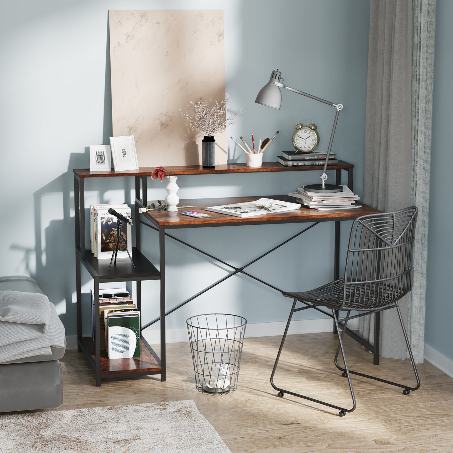 Computer Desk with Storage Shelves（Rustic Brown+Black）