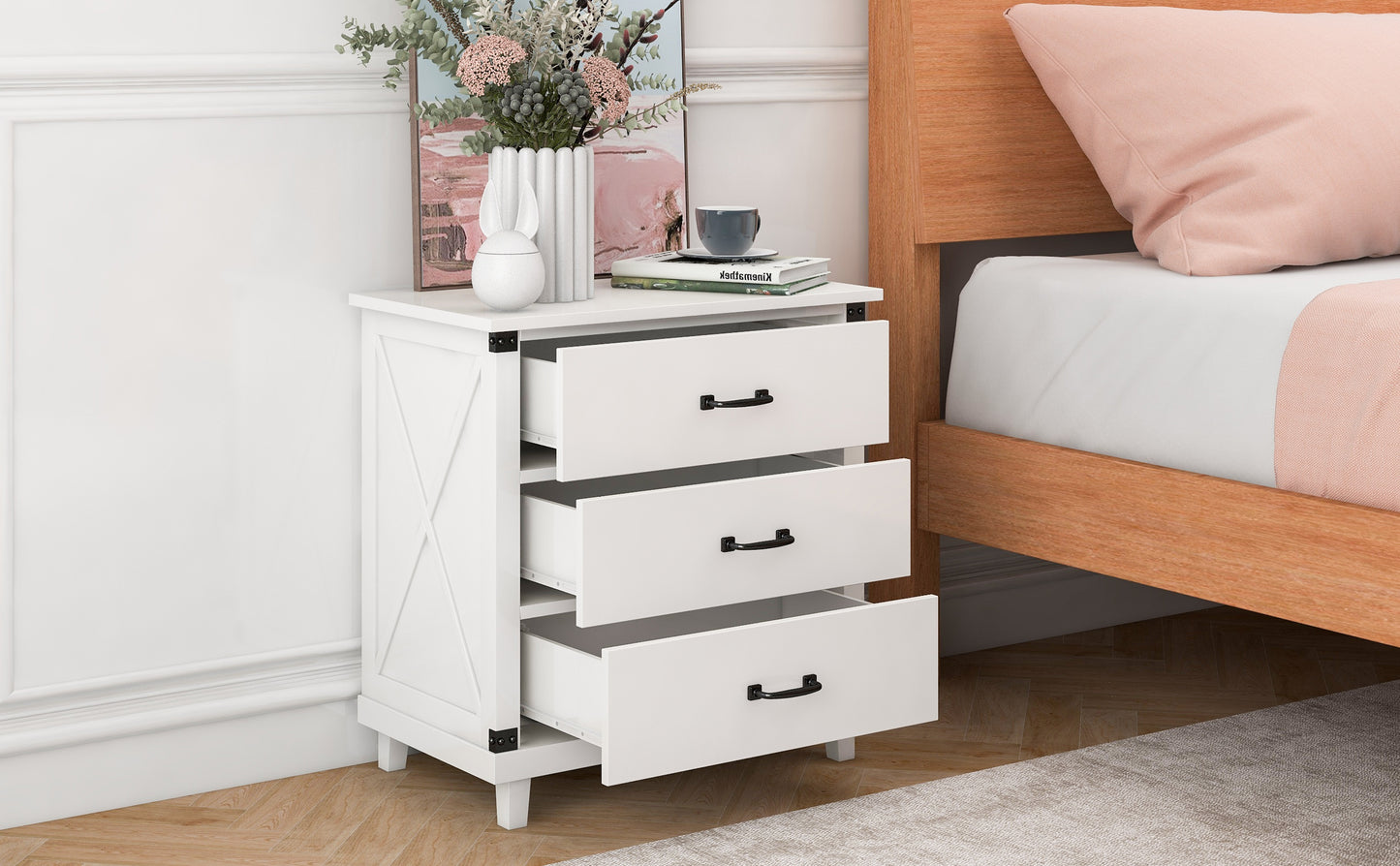 Modern Bedroom Nightstand with 3 Drawers Storage , White