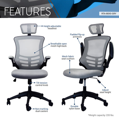 Techni Mobili Modern High-Back Mesh Executive Office Chair with Headrest and Flip-Up Arms, Silver Grey