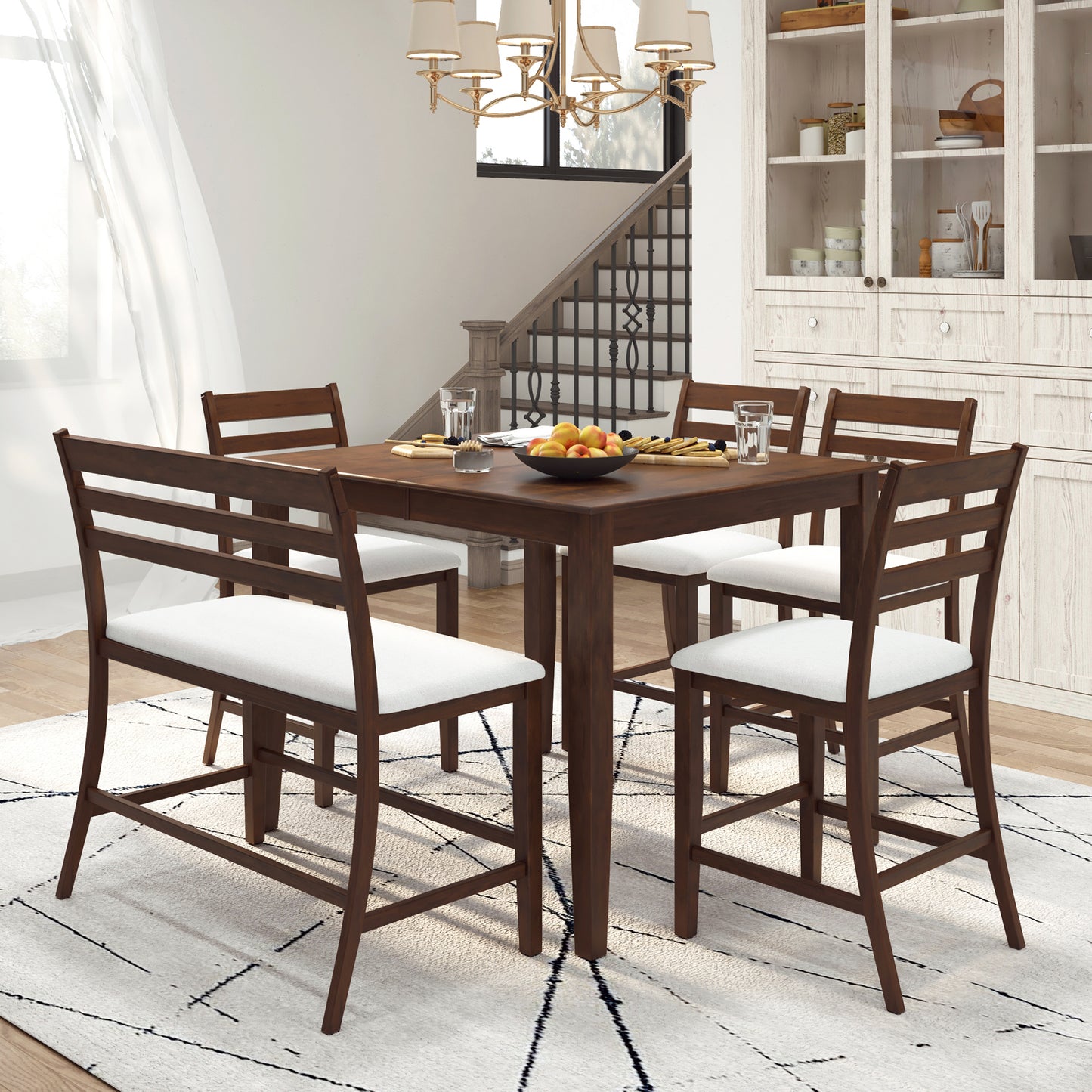 TOPMAX Farmhouse Extendable Counter Height 6-Piece Dining Table Set with Removable Leaf, 4 Dining Chairs and Dining Bench with Back, Brown Walnut+Beige