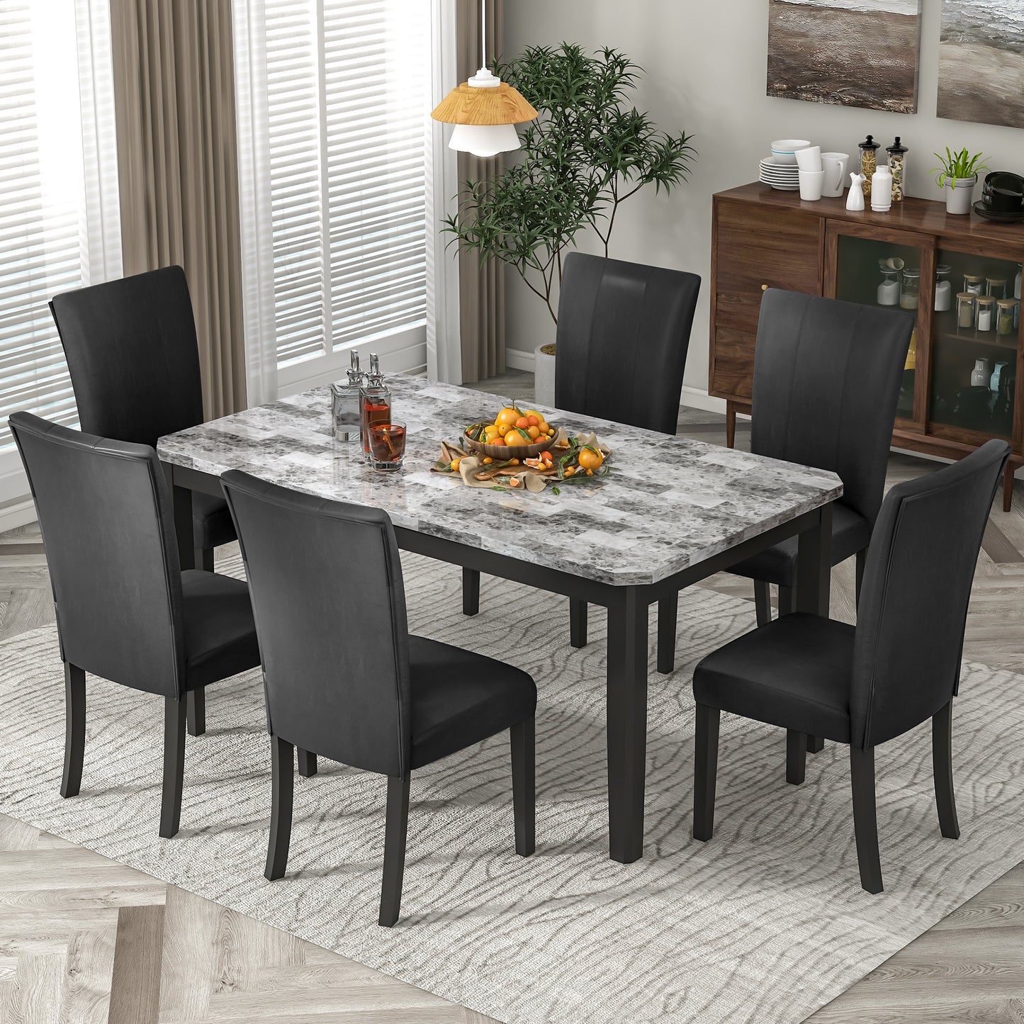 7-piece Dining Table Set with 1 Faux Marble Top Table and 6 Upholstered-Seats,Table: 66in.Lx38in.Wx30in.H, Chair: 20.5in.Lx26.25in.Wx38.5in.H