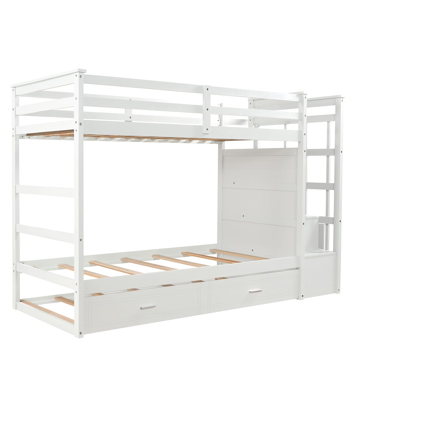 Solid Wood Bunk Bed, Hardwood Twin Over Twin Bunk Bed with Trundle and Staircase, Natural White Finish(OLD SKU :LP000068AAP)