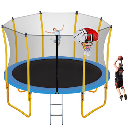 12FT Trampoline for Kids with Safety Enclosure Net, Basketball Hoop and Ladder, Easy Assembly Round Outdoor Recreational Trampoline