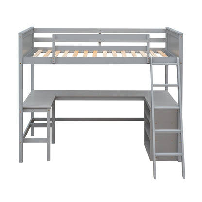 Twin size Loft Bed with Shelves and Desk, Wooden Loft Bed with Desk - Gray(OLD SKU:LT000537AAE)