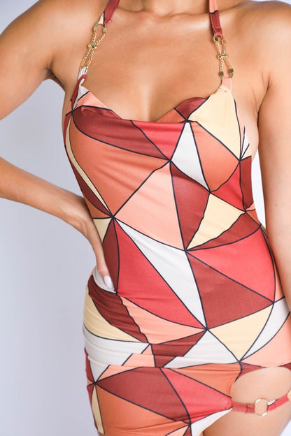 Triangle Color Block Printed Halter Mini Dress