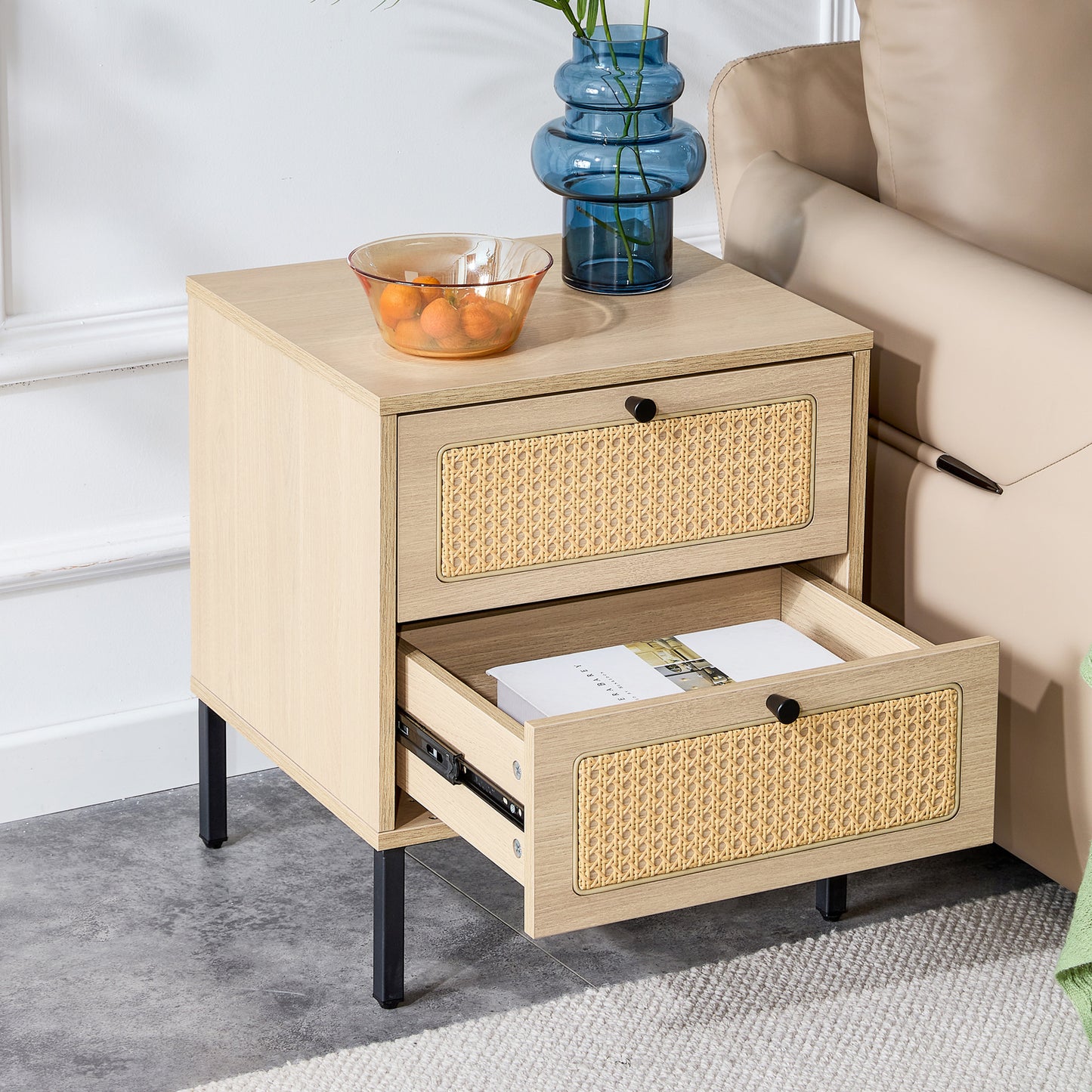 Modern simple storage cabinet MDF Board bedside cabinet Japanese rattan bedside cabinet Small household furniture bedside table.Applicable to dressing table in bedroom, porch, living room.2 Drawers