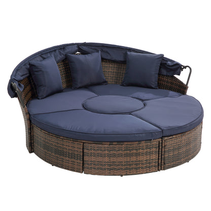 Hot Sale KD Rattan Round Lounge With Canopy Bali Canopy Bed Outdoor, Wicker Outdoor Sofa Bed with lift coffee table