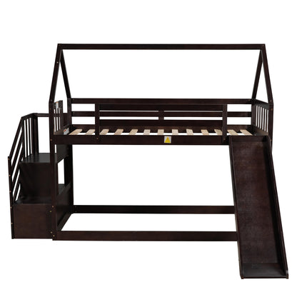 Twin over Twin House Bunk Bed with Slide and Storage Staircase,Espresso