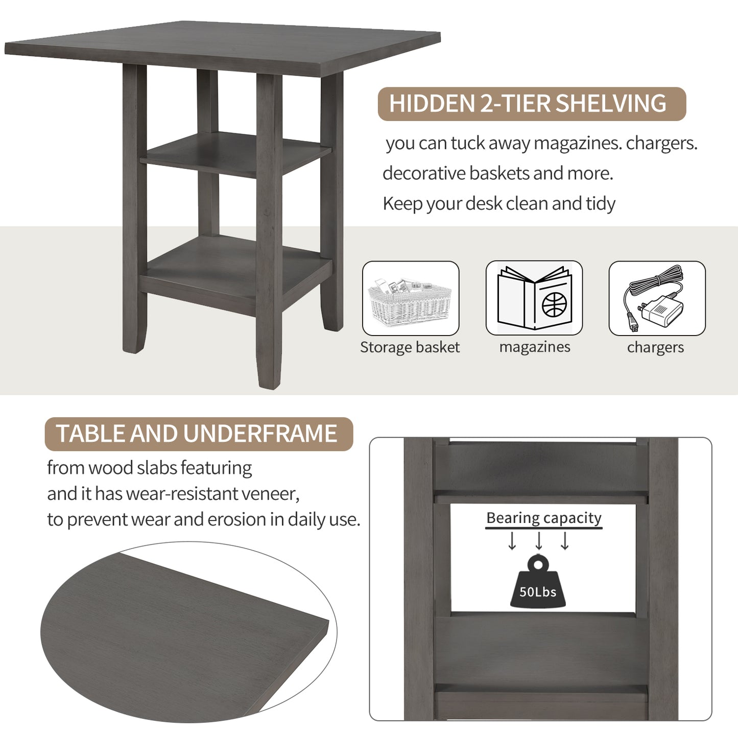 TREXM Square Wooden Counter Height Dining Table with 2-Tier Storage Shelving, Gray