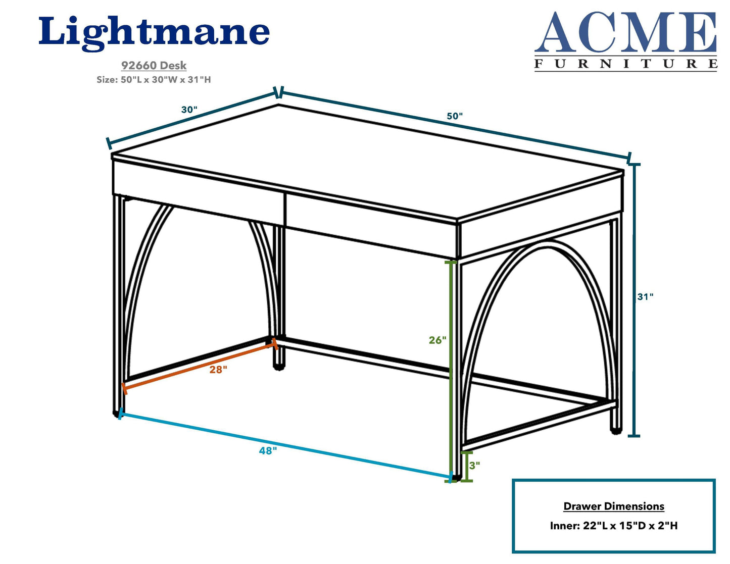 ACME Lightmane Desk, White High Gloss & Gold 92660