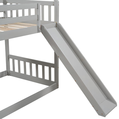 Twin over Twin House Bunk Bed with Slide and Storage Staircase,Grey