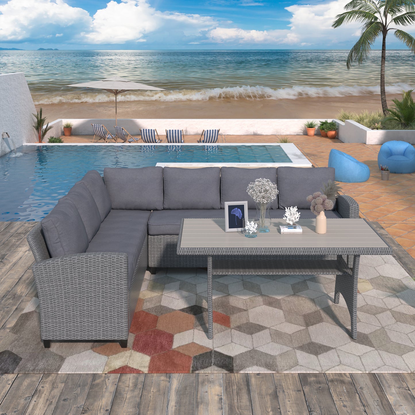 TOPMAX Patio Outdoor Furniture PE Rattan Wicker Conversation Set All-Weather Sectional Sofa Set with Table & Soft Cushions (Grey)
