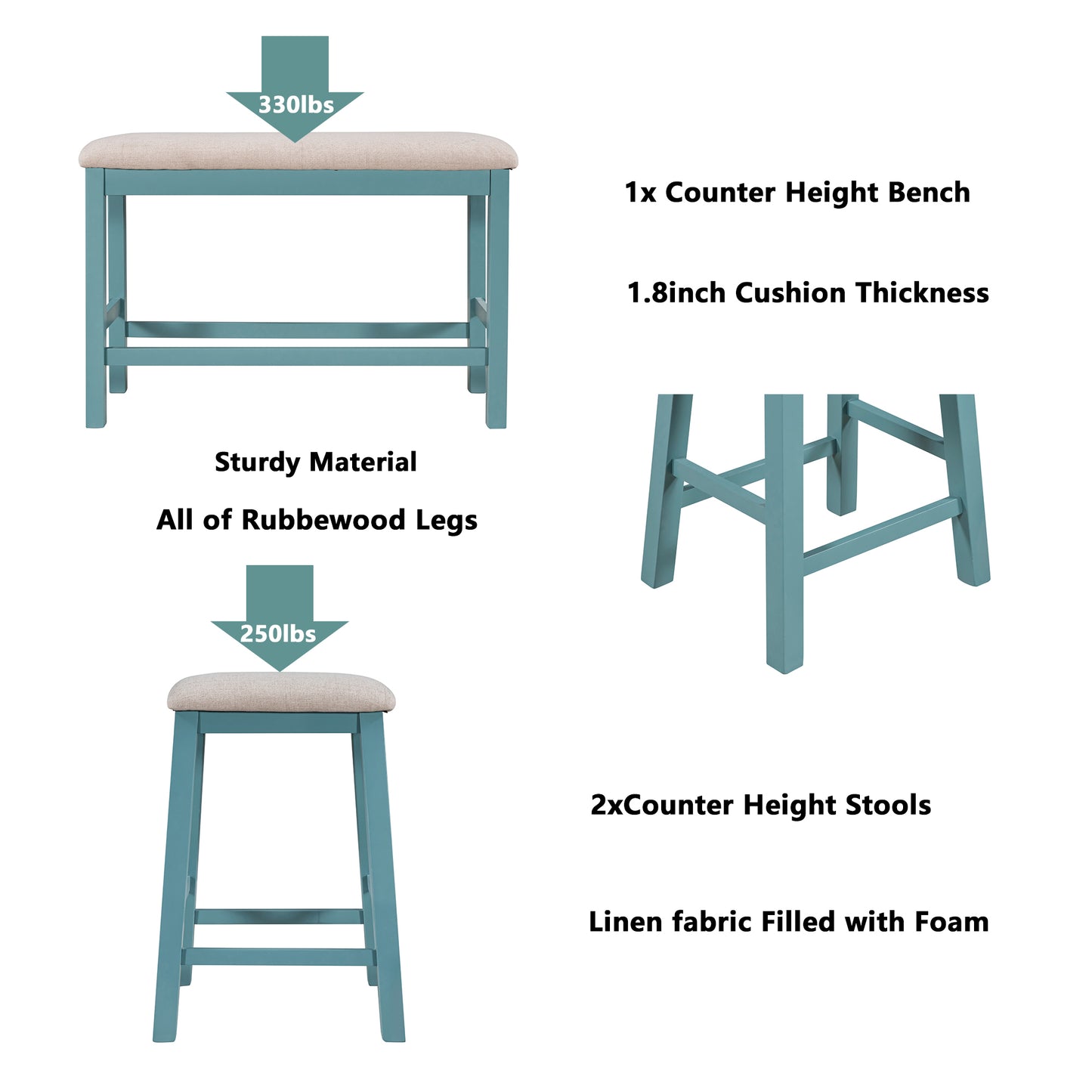 TOPMAX Rustic Wood 4-Piece Counter Height Dining Table Set with Storage Shelves and Drawer, Kitchen Table Set with 2 Stools and Bench,Walnut+Blue