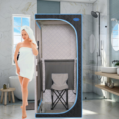 Portable Plus Type Full Size Far Infrared Sauna tent. Spa, Detox ,Therapy and Relaxation at home.Larger Space,Stainless Steel Pipes Connector Easy to Install.FCC Certification--Black(Blue binding)