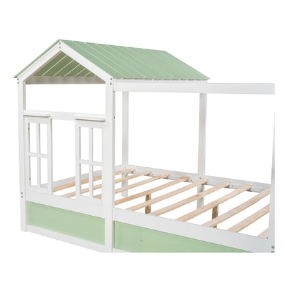 Full Size House Bed with Roof, Window and Drawer - Green + White