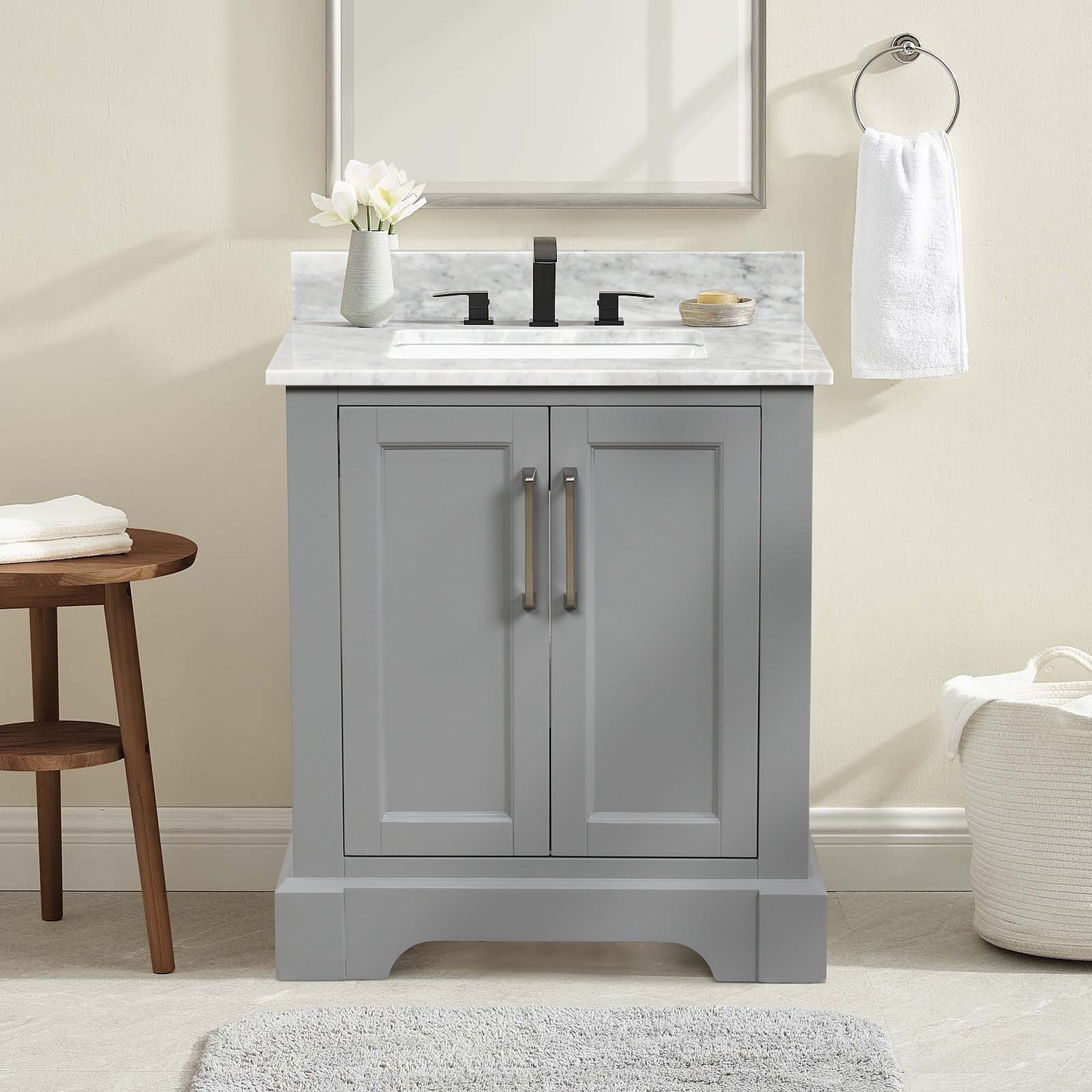 30” Single Solid Wood Bathroom Vanity Set, with Drawers, Carrara White Marble Top, 3 Faucet Hole