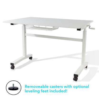 Atlantic Sit Stand Desk with Casters - White (Height Adjustable) with side crank (switchable either side, left or right side crank)