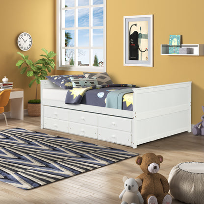 Full Captain Bed With Twin Size Trundle And 3 Drawers Made  By Solid Wood