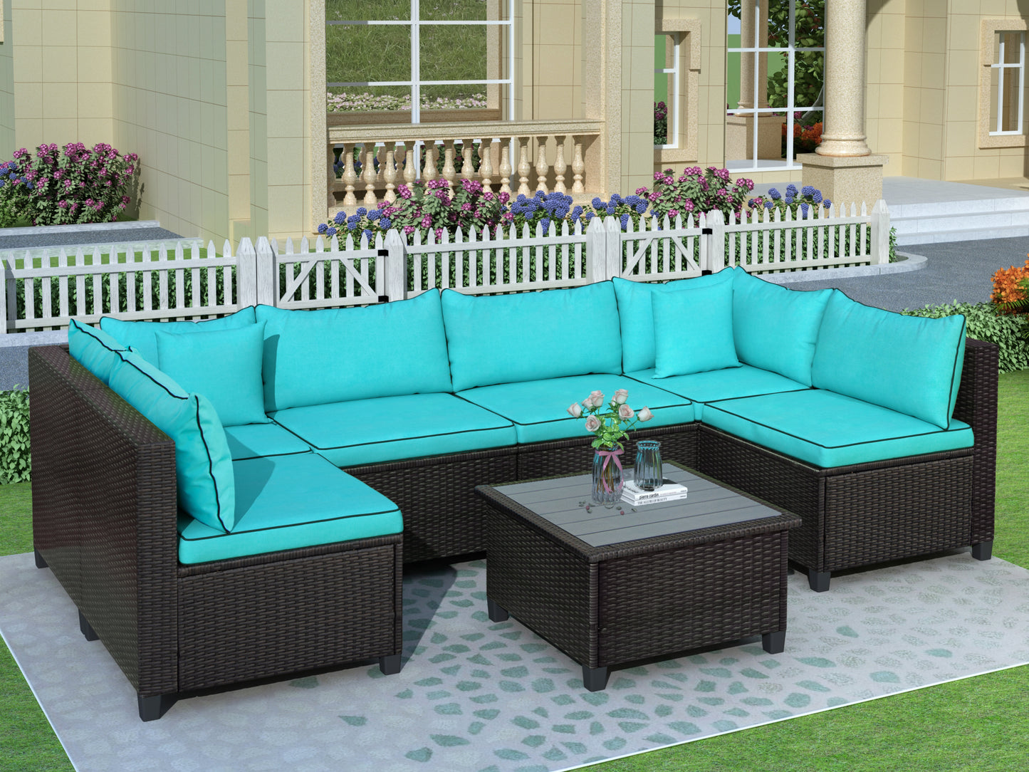 U-style Quality Rattan Wicker Patio Set, U-Shape Sectional Outdoor Furniture Set with Cushions and Accent Pillows