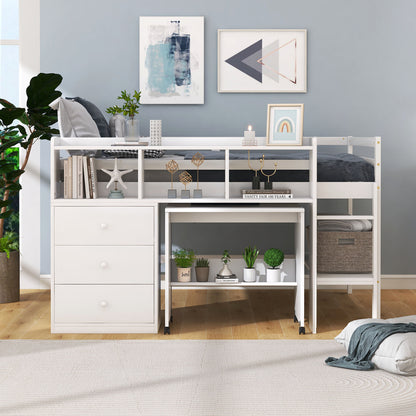 Full Size Low Loft Bed with Rolling Portable Desk, Drawers and Shelves,  White