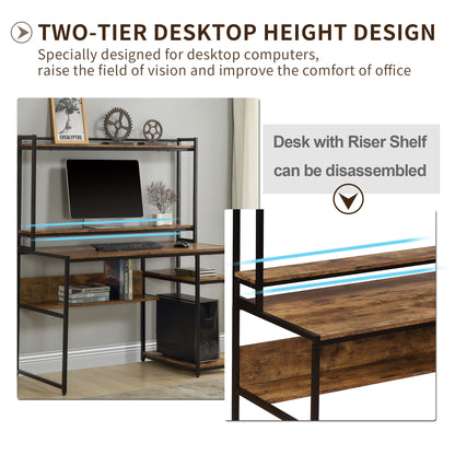 Home Office Computer Desk with 2-Tier Bookshelf and Open Storage Shelf/Equipped with Removable Monitor Riser(Brown)