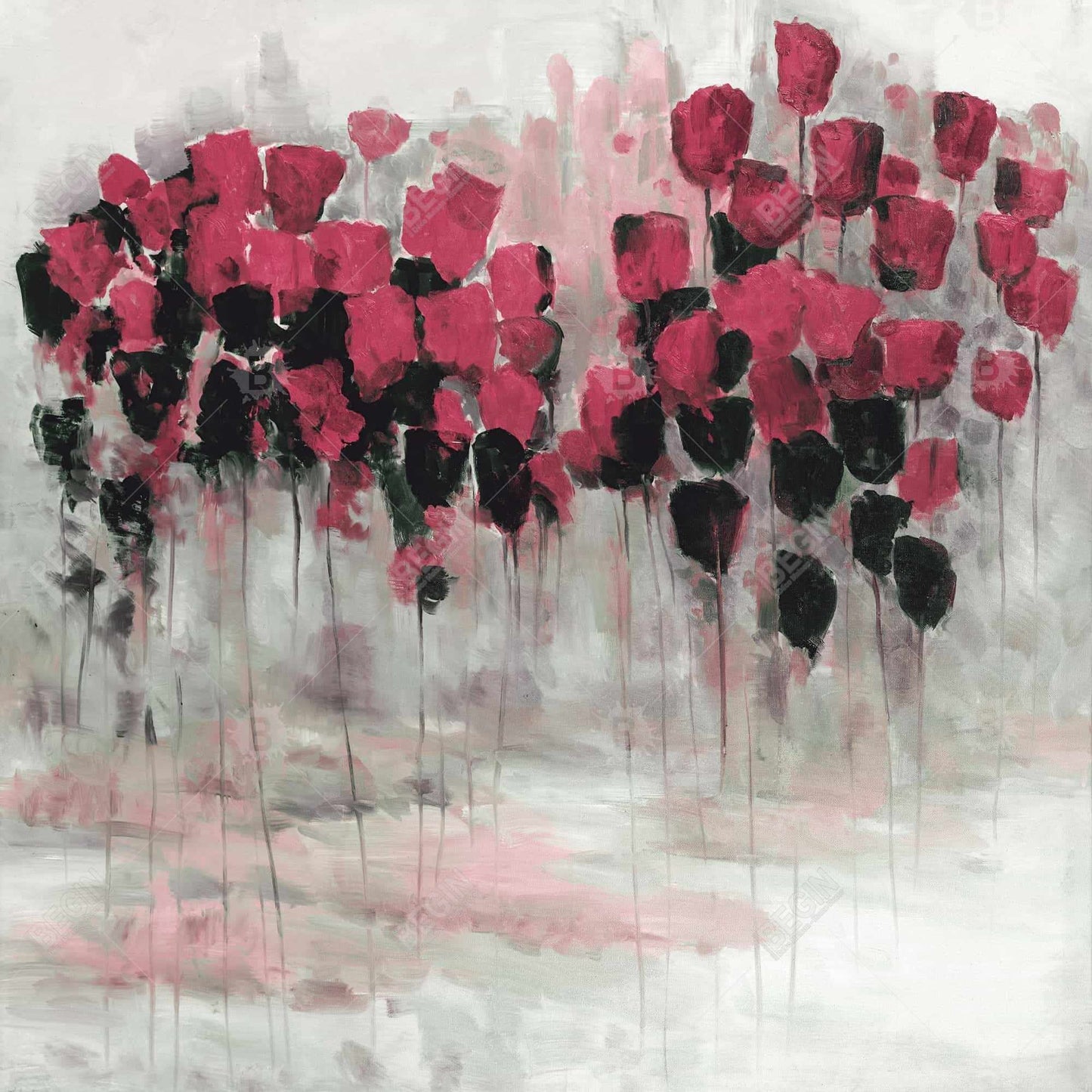 Pink black flowers field - 32x32 Print on canvas