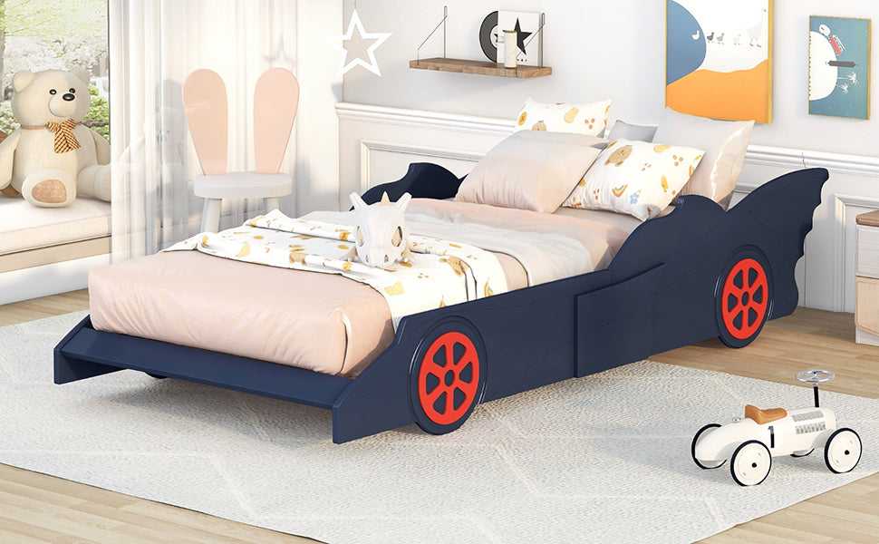 Twin Size Race Car-Shaped Platform Bed with Wheels,Blue+Red