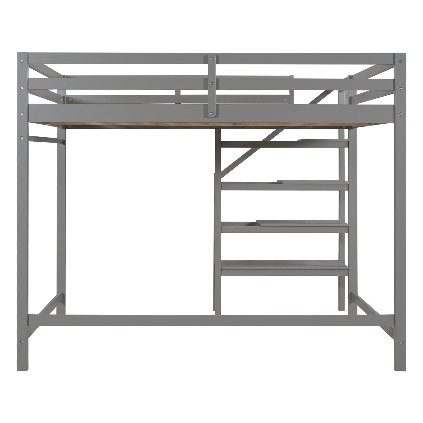 Full Size Loft Bed with Built-in Storage Staircase and Hanger for Clothes,Gray