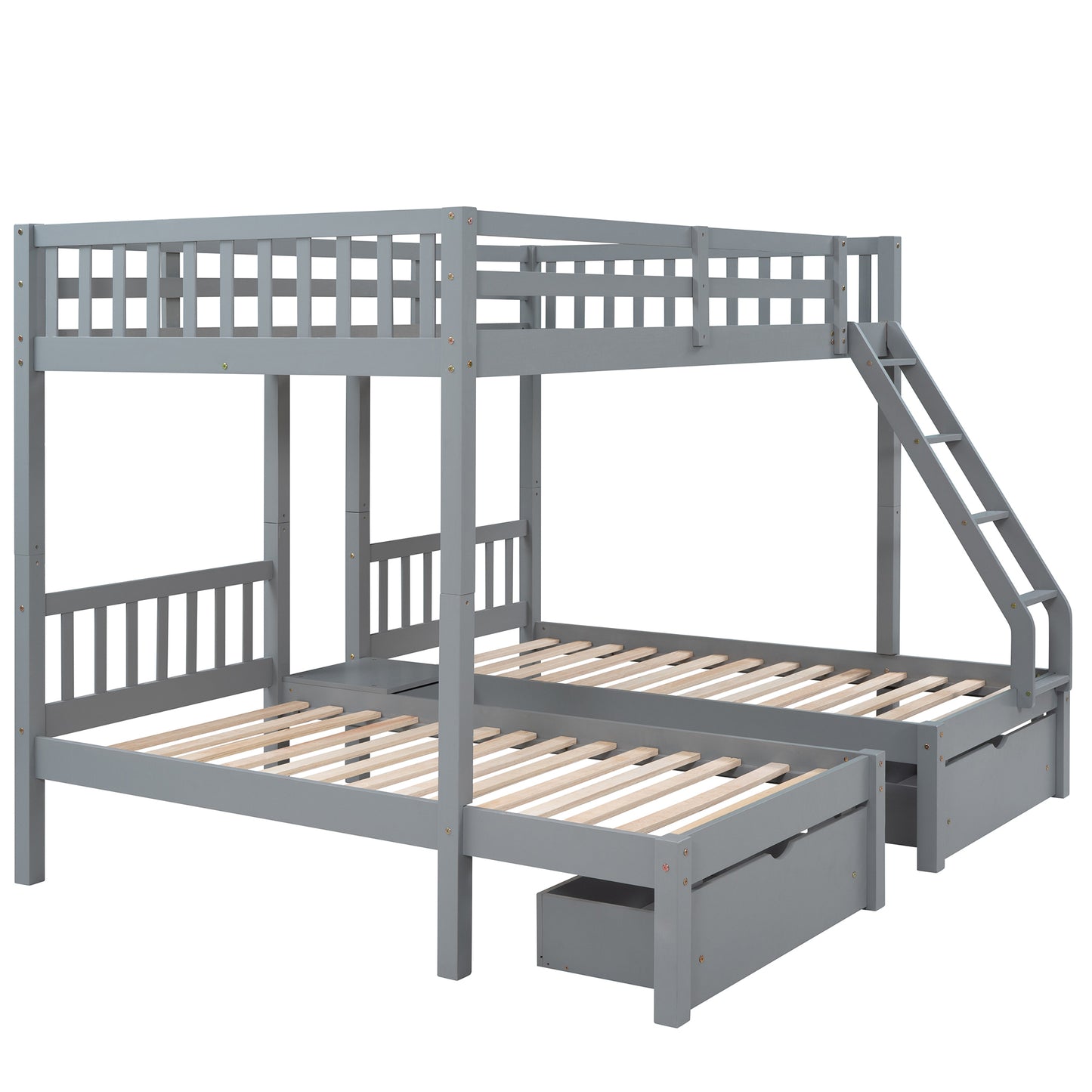 Full Over Twin & Twin Bunk Bed, Wood Triple Bunk Bed with Drawers and Guardrails  (Gray) （OLD SKU:LP000143AAE）