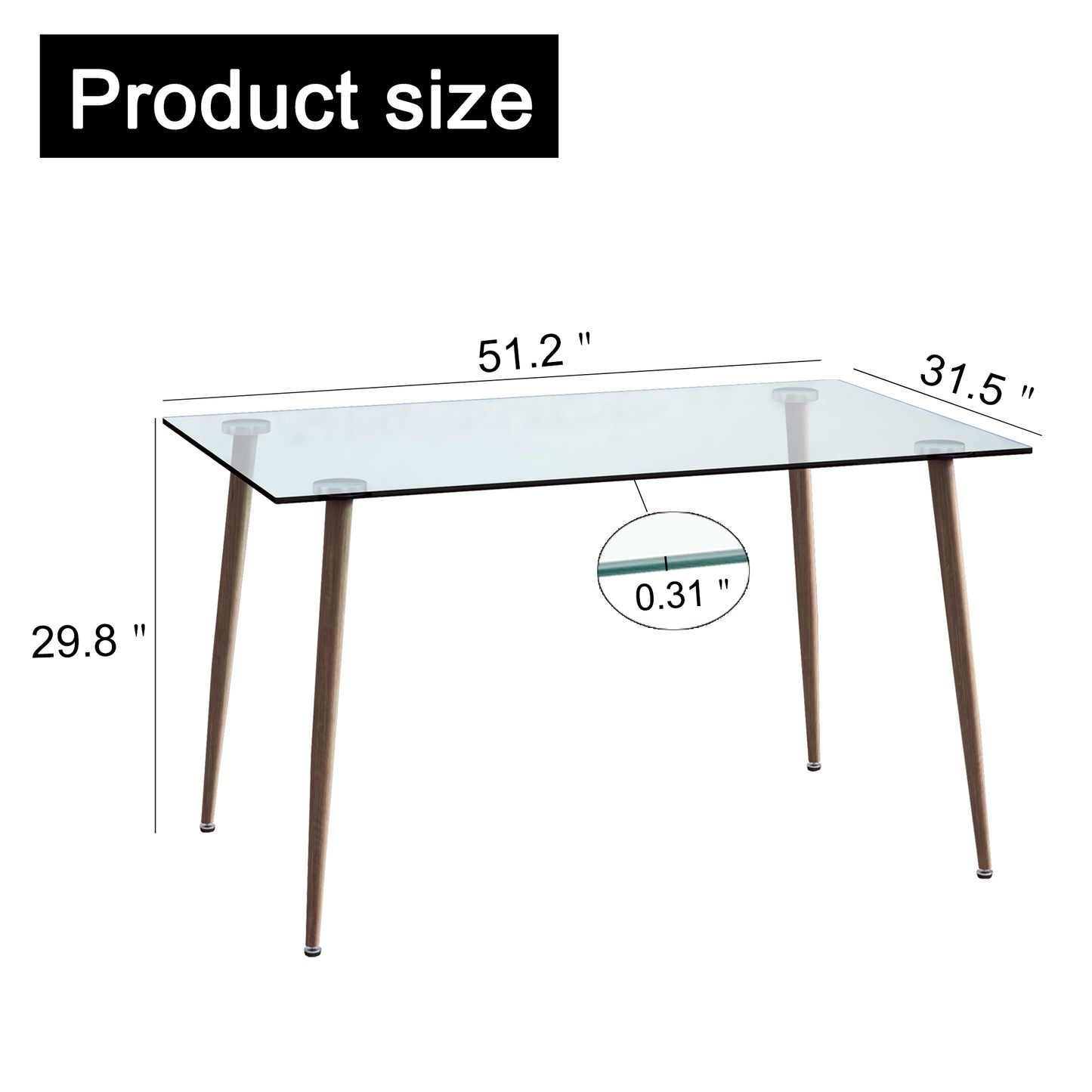 Modern Rectangular Glass Dining Table for 4-6 with 0.31" Tempered Glass Tabletop and Dark woodcolor Powder Coating  Metal Legs, Writing Table Desk,for Kitchen Dining Living Room, 51" W x 31"D x 30" H