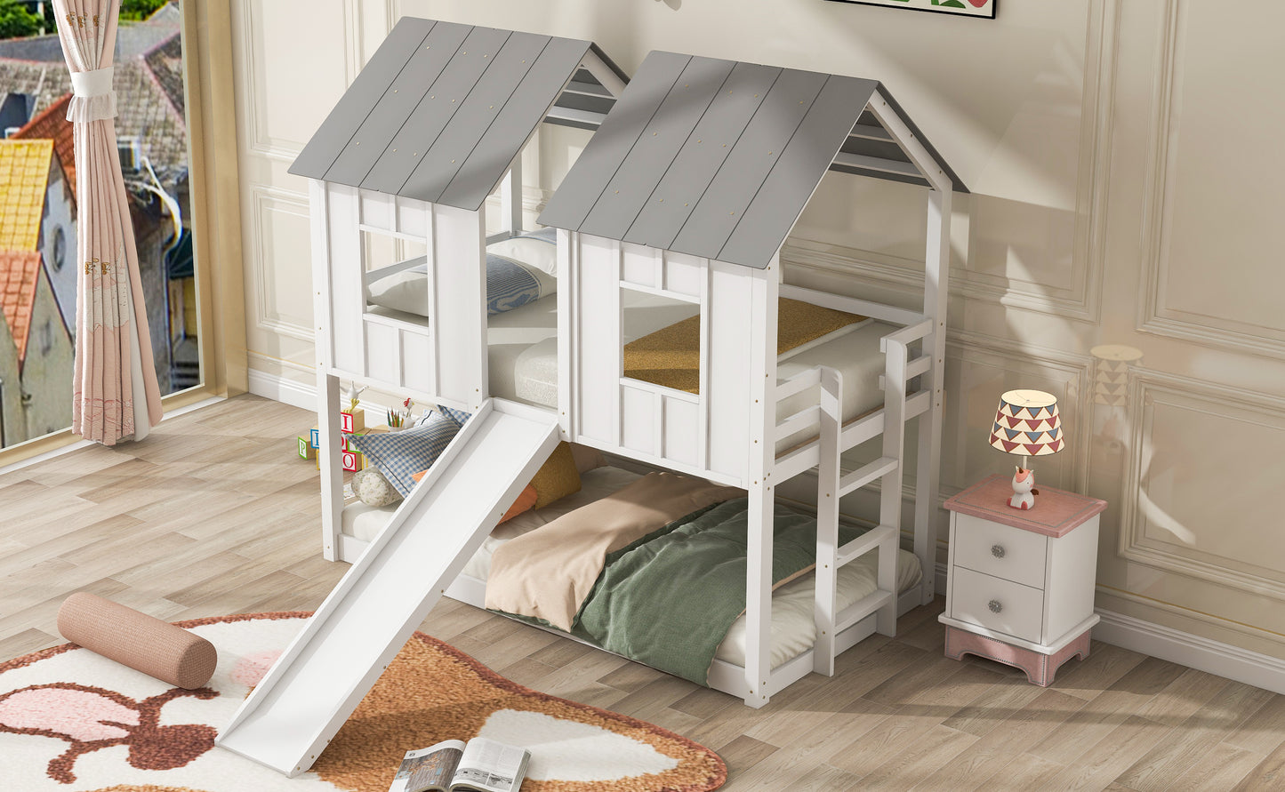 Twin over Twin House Bunk Bed with Slide and Windows,White