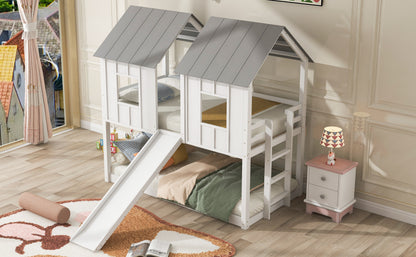 Twin over Twin House Bunk Bed with Slide and Windows,White