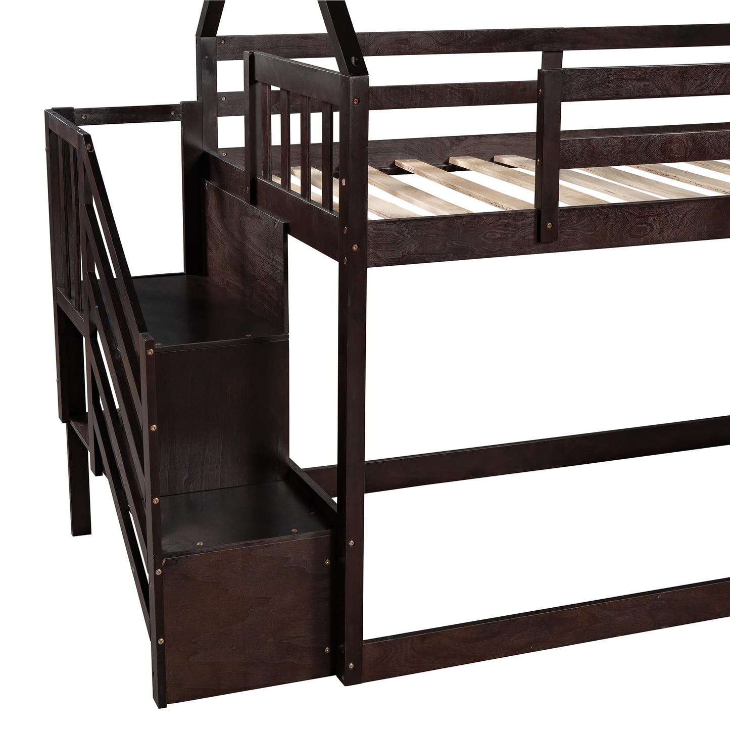 Twin over Twin House Bunk Bed with Slide and Storage Staircase,Espresso