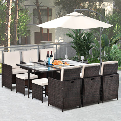 Outdoor Garden Patio Furniture 11 Piece Cushioned PE Rattan Wicker Dining Set，outdoor dining set； 
10 person dining table；outdoor dining table for 8；wicker ottoman；patio dining set，save space dining