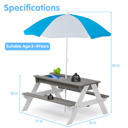 3-in-1 Kids Outdoor Wooden Picnic Table With Umbrella, Convertible Sand & Wate, Gray AMASTM & CPSIACERTIFICATION