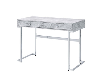 ACME Tigress Writing Desk, White Printed Faux Marble & Chrome Finish 92615